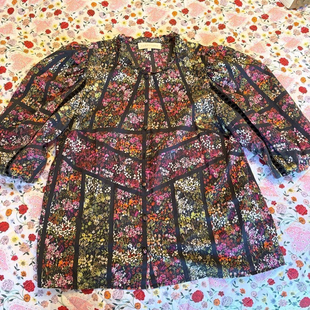 CABALLERO geometric floral puff sleeve blouse